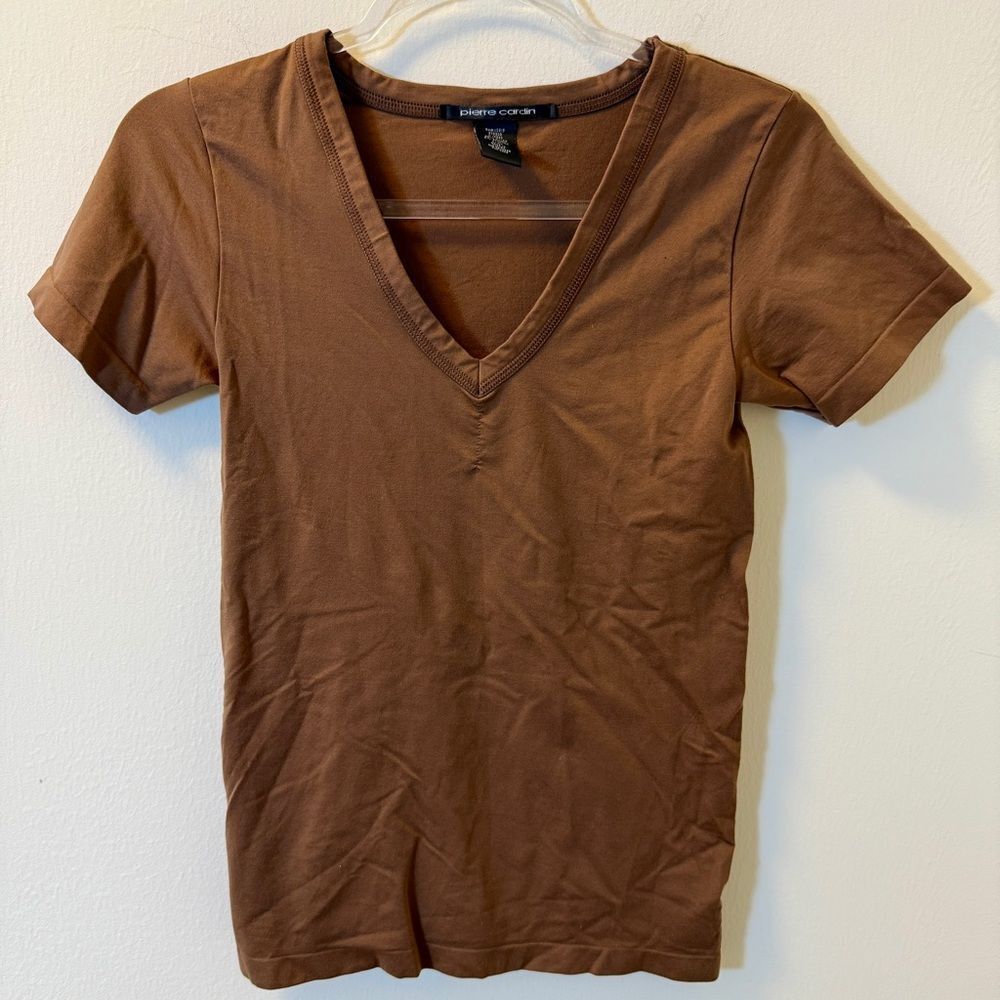 Pierre Cardin Brown Deep V-Neck Stretch Top Women’s L/XL